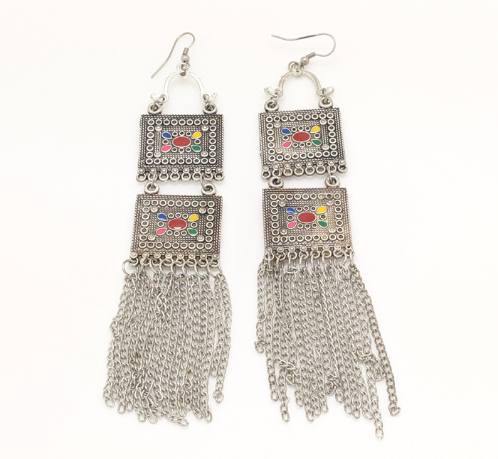 Tribal Hanging Silver Earrings with Multicolor Stone
