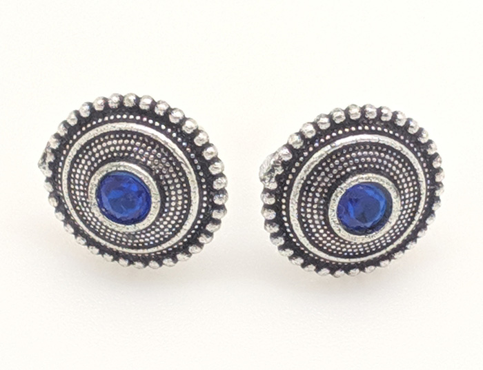 Silver Boho Earrings with Blue Stone, Dark Dot and Silver Circular Small Earrings