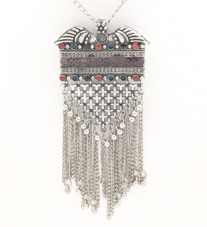 Tribal Pendant in Silver with Hanging Chain Design, Wings Chain Pendant in Silver with Red and Black Stones
