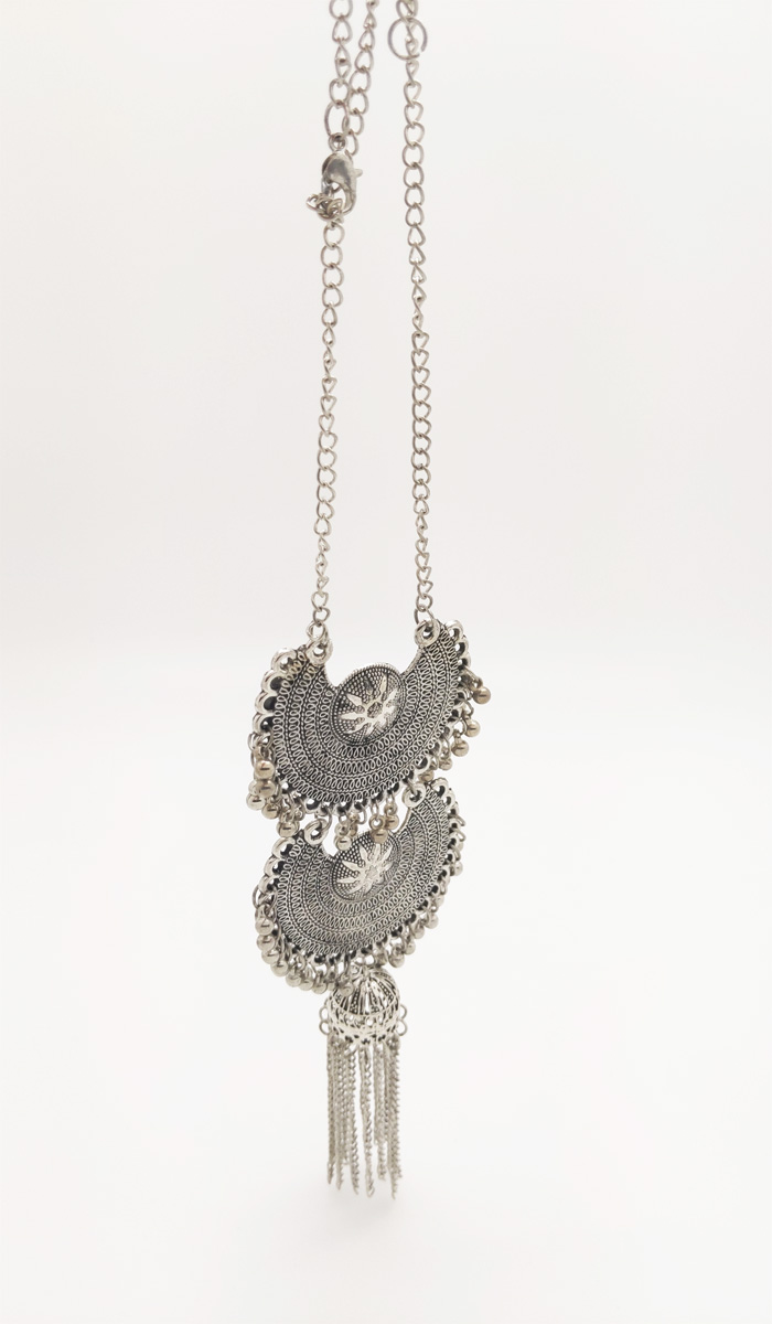 Boho Chic Pendant Necklace in Silver, Peacock Silver Pendant Necklace