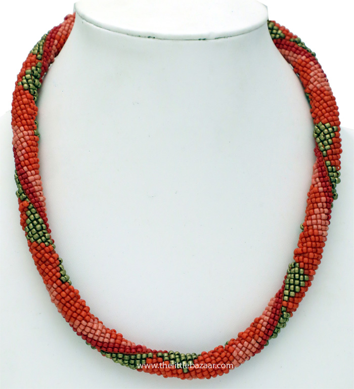 Red Orange Pink Gold Beads Necklace, Coral Ensembled Multistrand Beads Fashion Necklace