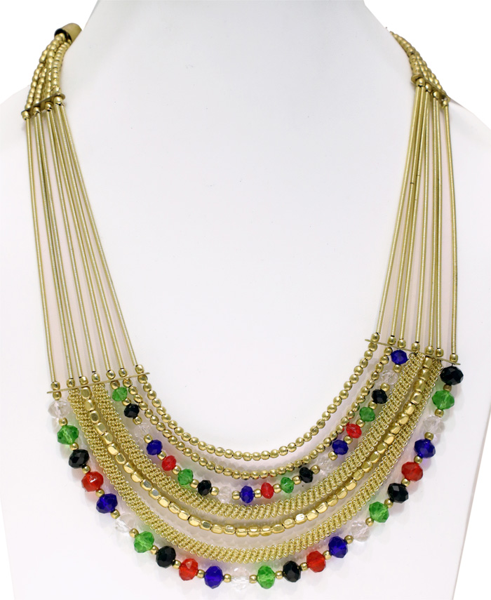 Golden String Necklace with Color Stones, Elegant Tribal Multicolor Gold Necklace