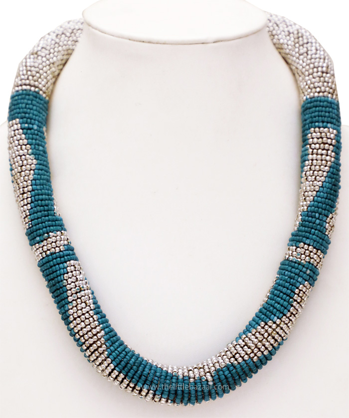 Blue Silver Beads Necklace, Blue Azure Ensembled Beads Fashion Necklace