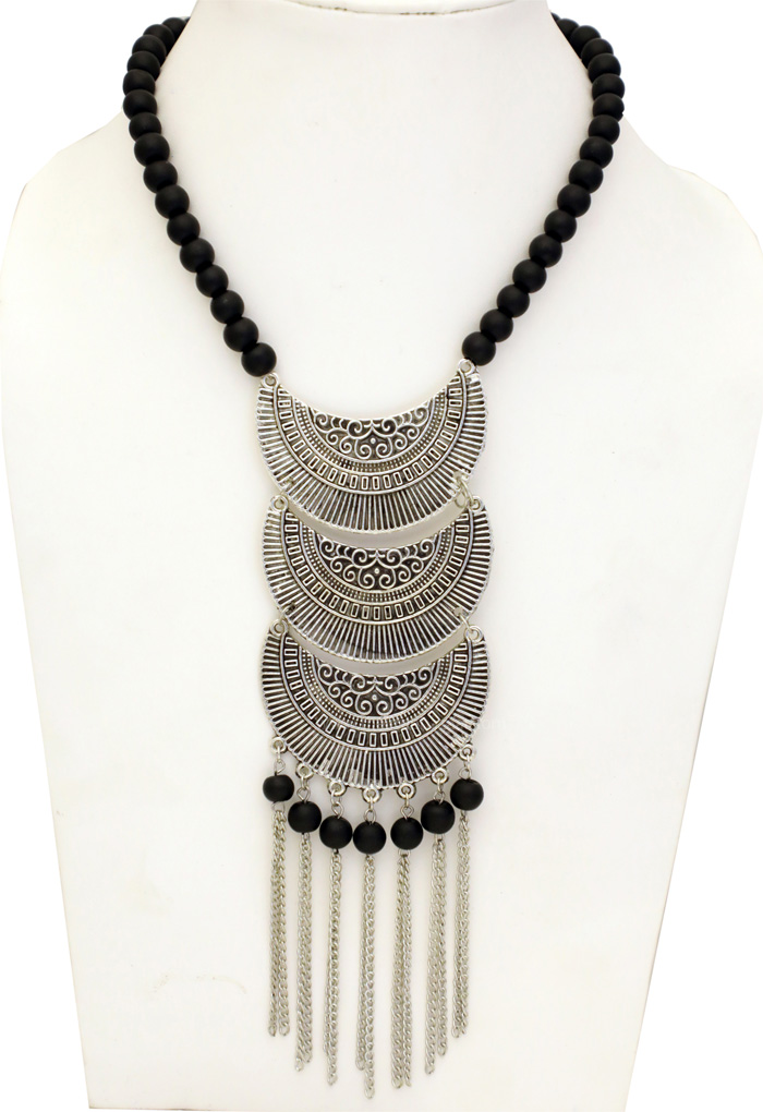 Silver and Black Beads Tribal Necklace, Three Crescents Silver Black Modern Necklace