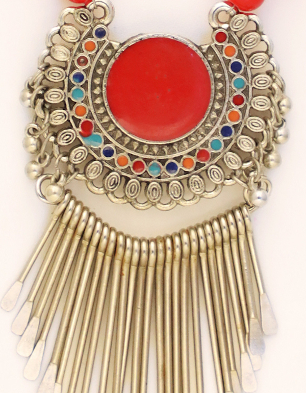 Vintage Pendant Necklace with Bright Red Beads