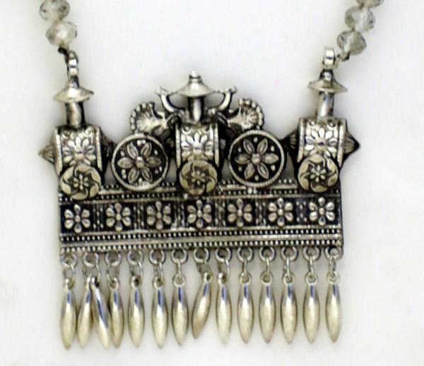 Tribal Silver Pendant Necklace with Glass Cut Beads
