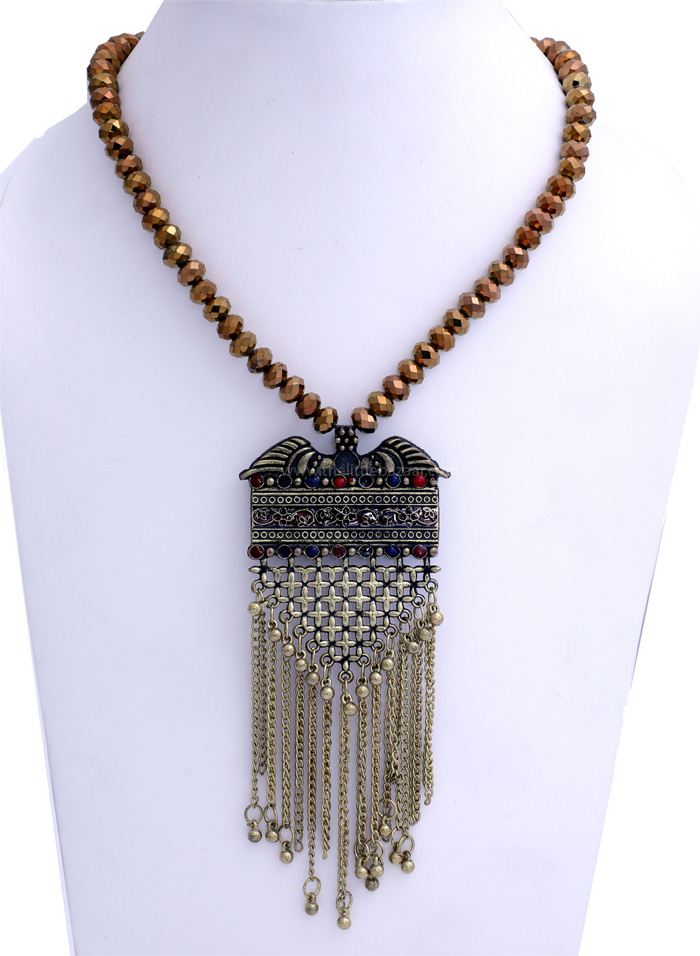 Brown Shining Beads and Silver Tribal Necklace, Gypsy Bird Chain Pendant Bronze Necklace