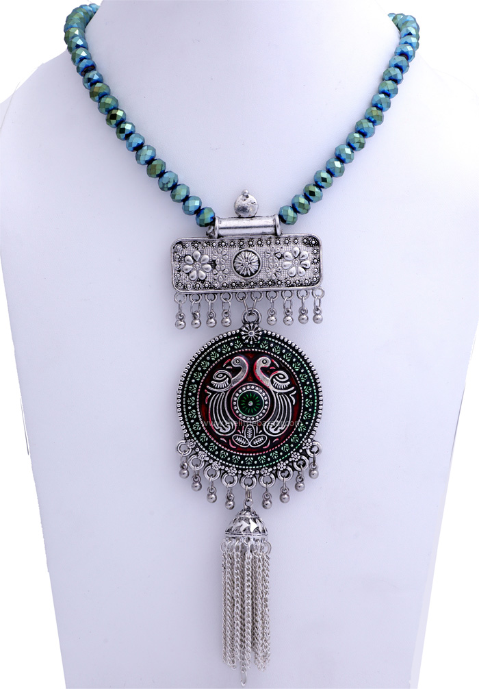 Blue Shining Beads and Silver Tribal Necklace, Boho Glitter Turquoise Necklace with Silver Merlot Pendant
