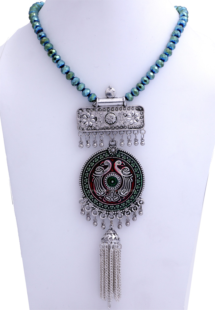 Boho Glitter Turquoise Necklace with Silver Merlot Pendant