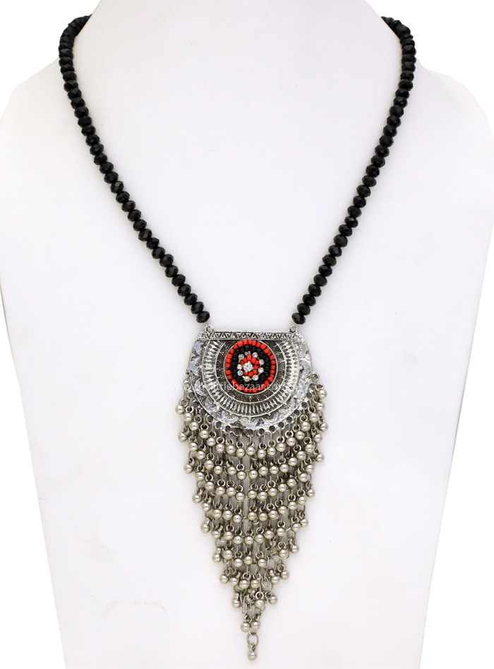 Black Small Beads and Silver Tribal Necklace, Boho Fashion Black and Silver Necklace