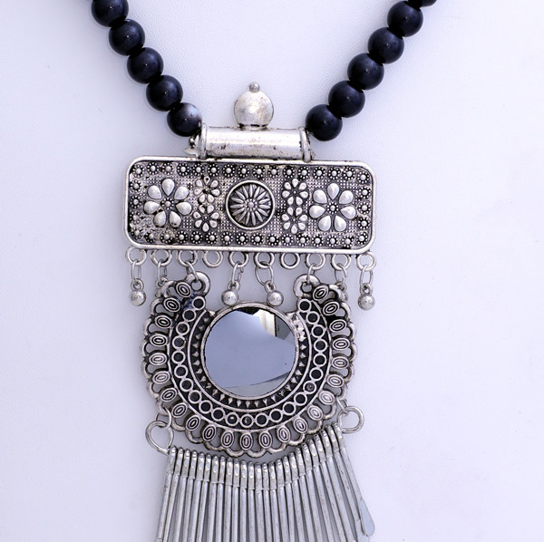 Boho Chic Black Necklace with Triple Silver Pendant