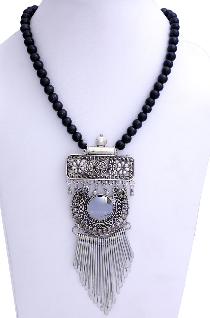Black Beads and Silver Tribal Necklace, Boho Chic Black Necklace with Triple Silver Pendant