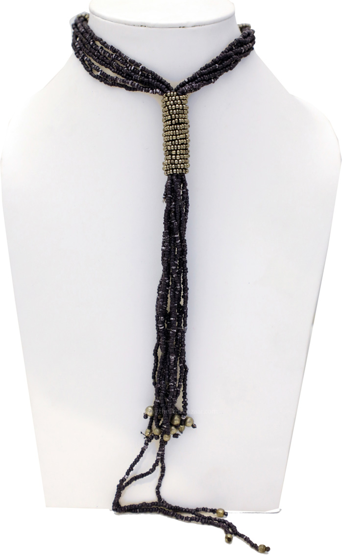 Long Black Beads Necklace with Golden Beads, Black Beads Neck Tie Long Down Necklace