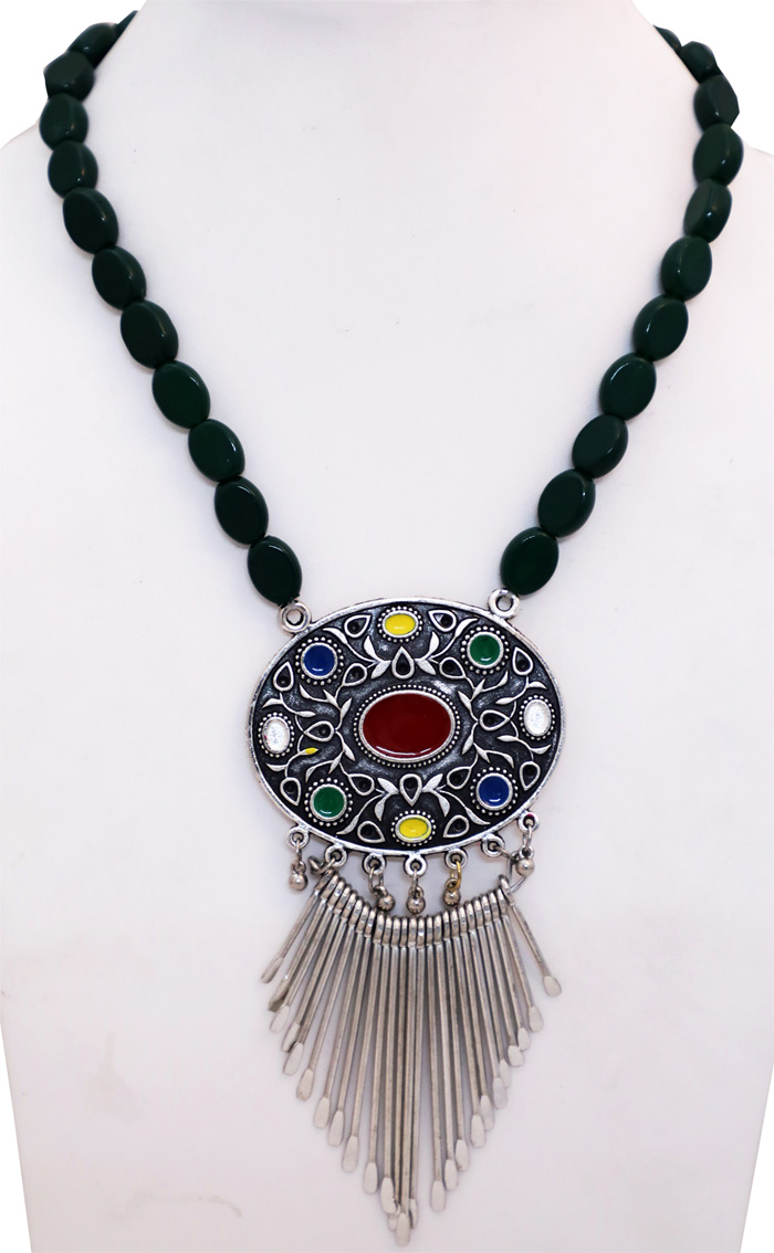 Beads and Silver Tribal Necklace, Vintage Pendant Necklace with Dark Green Beads