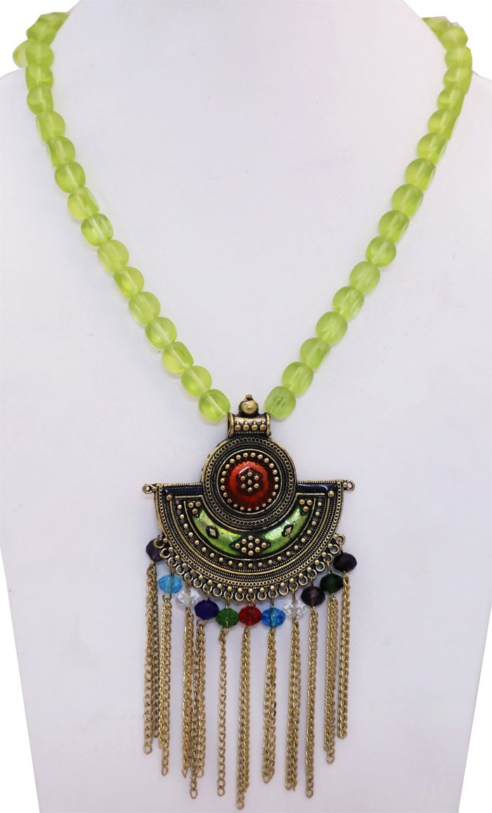 Lime Green Bead Gold Toned Pendant Necklace, Lime Green Bead Tribal Pendant Necklace Gold Toned