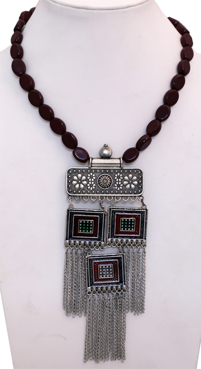Silver Tribal Necklace with Long Pendant and Maroon Beads, Wine Berry Beads Ethnic Eastern Long Pendant Necklace