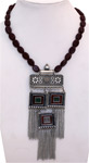 Silver Tribal Necklace with Long Pendant and Maroon Beads [7007]