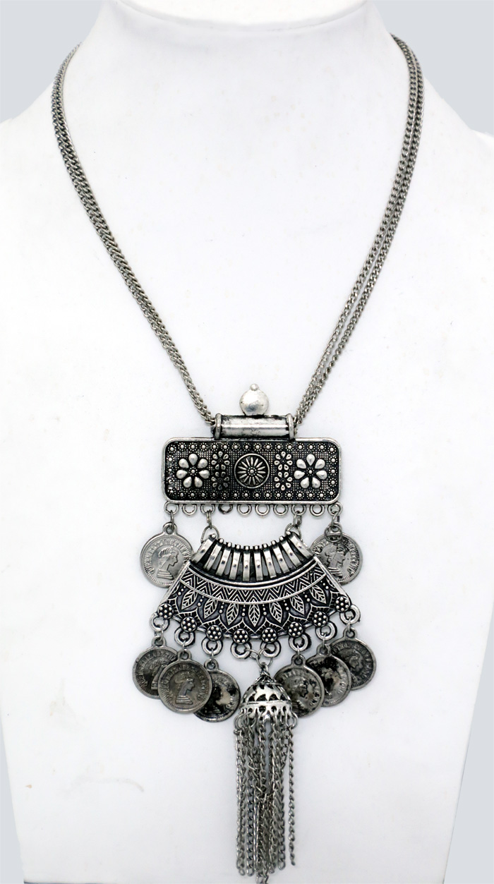Coin Inserts on Silver Tribal Necklace, Boho Ancient Three Piece Silver and Black Accents Necklace