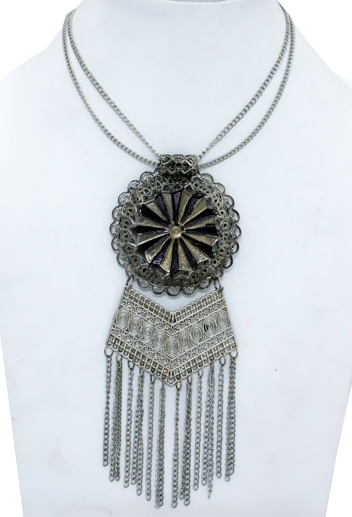 Black Pendant and Silver Tribal Necklace, Carved Medallion Silver Black Tone Gypsy Necklace