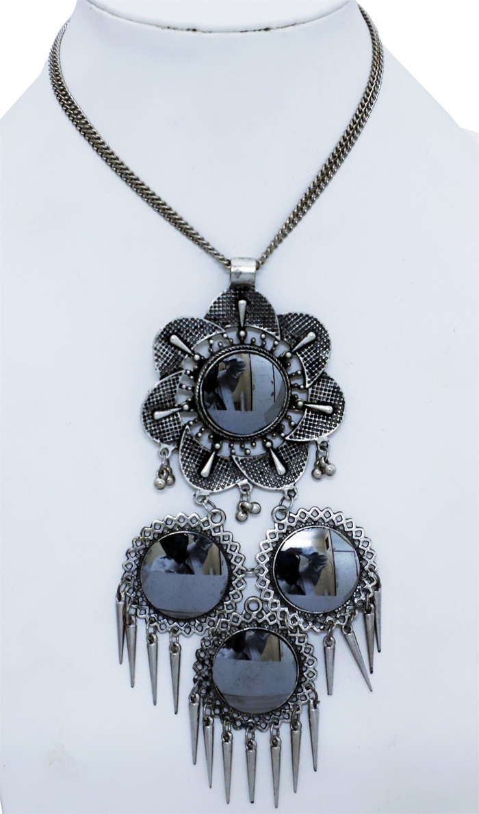 Mirrors and Silver Tribal Necklace, Sunflower Pendant with Reflective and Spike Hangings