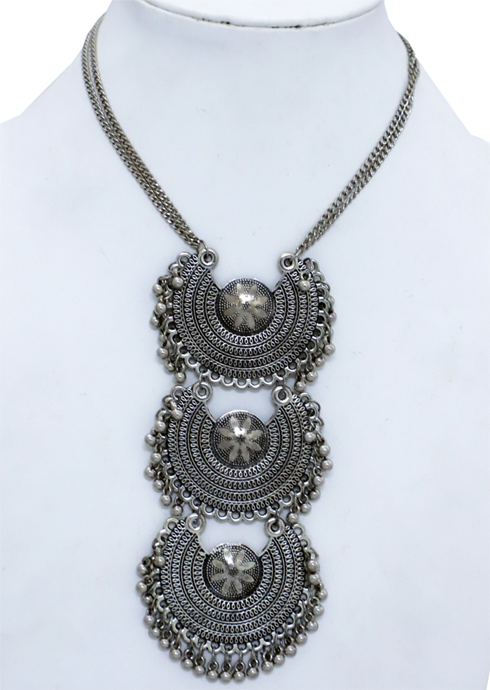 Three Medallions with Silver Chain Necklace