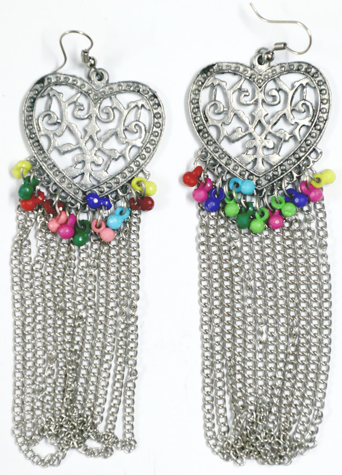 Long Dangling Multicolor with Silver Toned Earrings, Heart Shaped Earrings with Chain Danglings in Silver