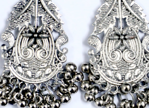 Ethnic Look Engraved Drop Silver Tone Earrings