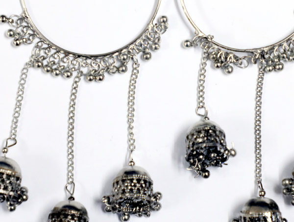 Tribal Afghan Belly Dancing Long Earrings in Silver Tone