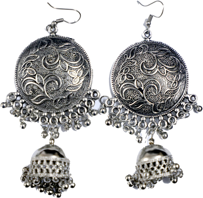 Ethnic Jhumkis in Silver Tone with Bells, Ethnic Tribal Silver Tone Dangle Earrings