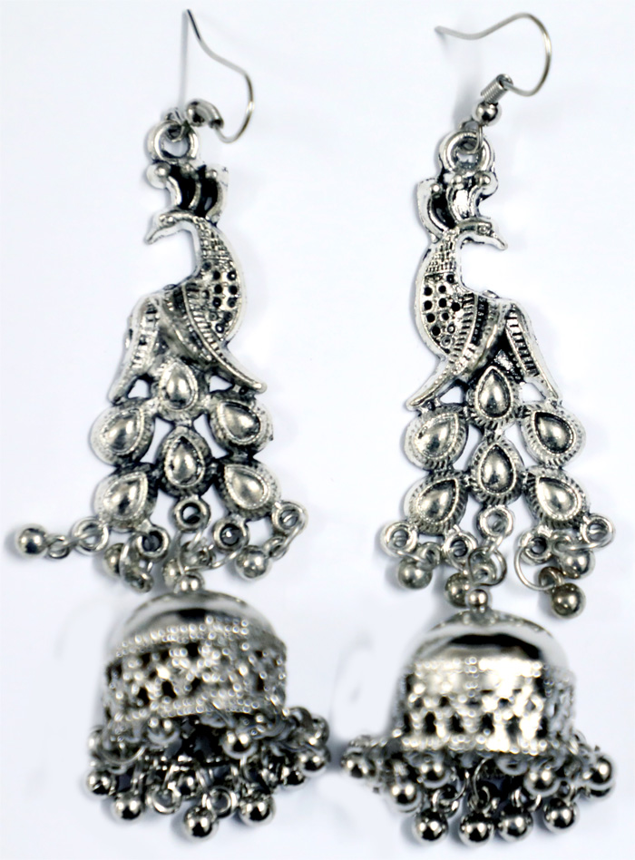 Beads and Peacock Body Silver Toned Earrings, Peacock Ethnic Earrings with Beads in Silver