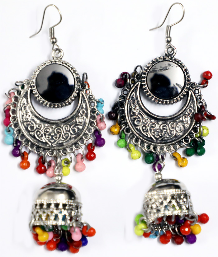 Long Drop Multicolor Silver Toned Earings, Handmade Tribal Colorful Gypsy Earrings