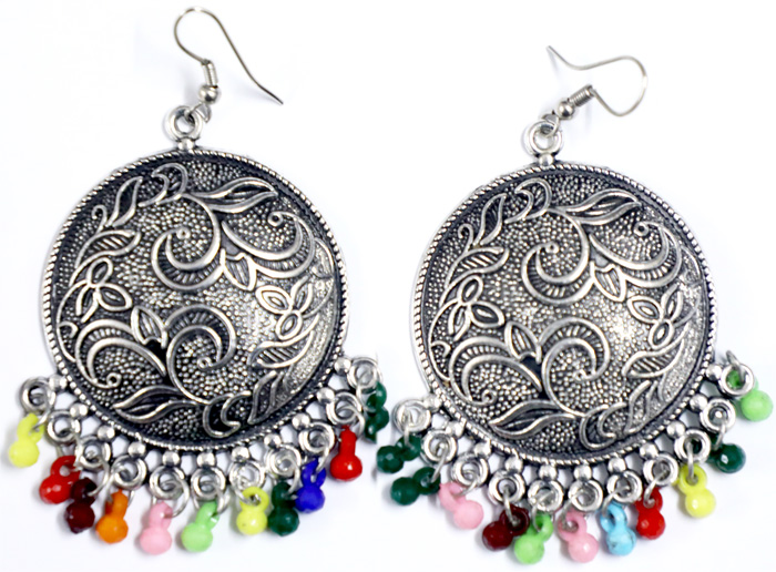Designer Disc and Multicolor Silver Toned Earrings, Engraved Shield Vintage Silver Tone Boho Earrings