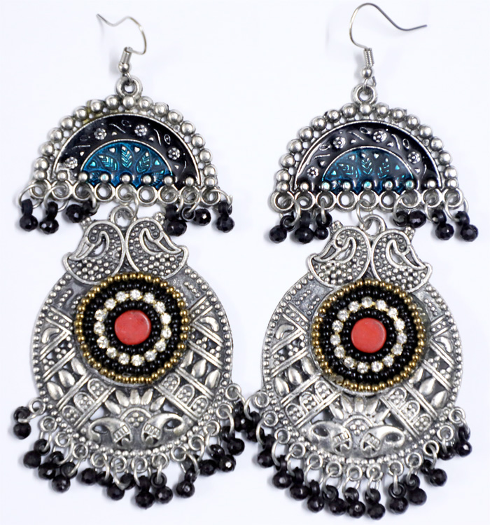 Colored Engraved Ethnic Silver Tone Earrings, Big Tribal Belly Dancing Earrings Handmade