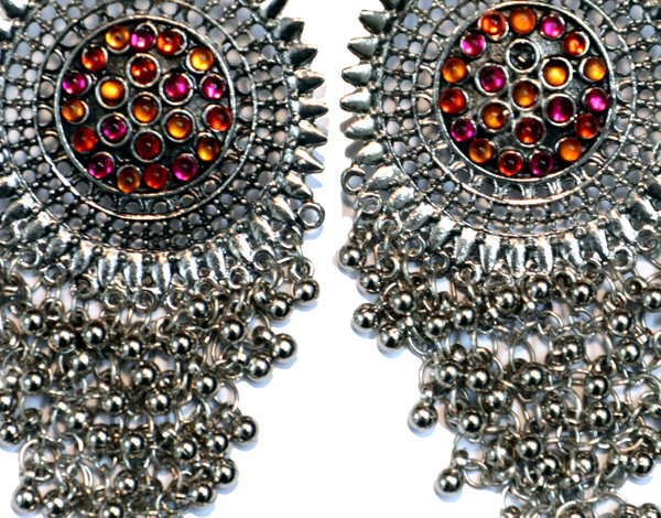 Orange and Fuschia Rhinestone Earrings in Silver Tone