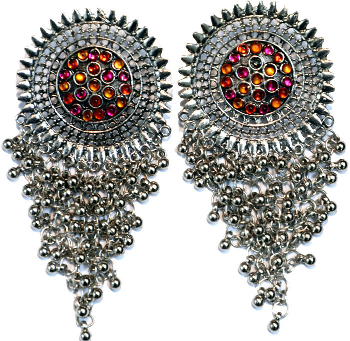 Orange and Fuschia Rhinestone Earrings in Silver Tone