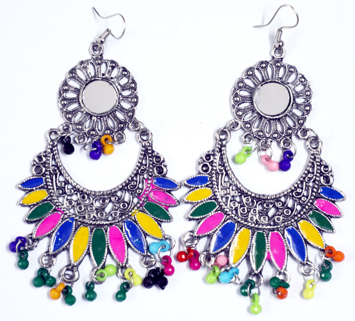 Silver Toned Earrings with Mirror Enamel and Beads, Ethnic Tribal Chunky Long Hippie Earrings in Multicolor