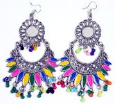 Silver Toned Earrings with Mirror Enamel and Beads [7034]
