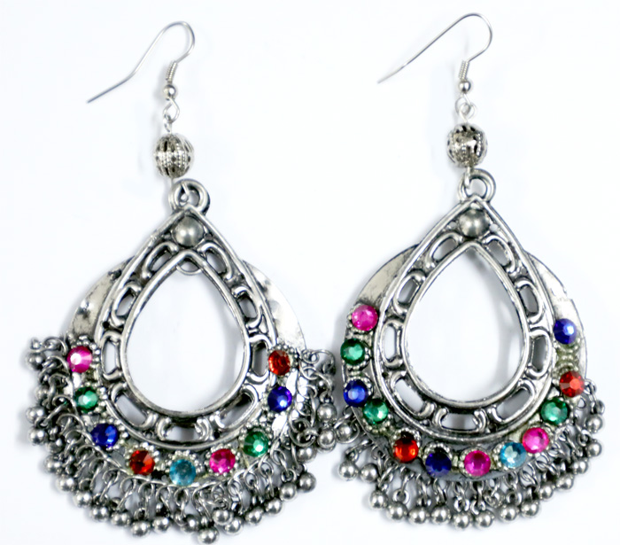 Teardrop Junk Earring with Colored Rhinestones