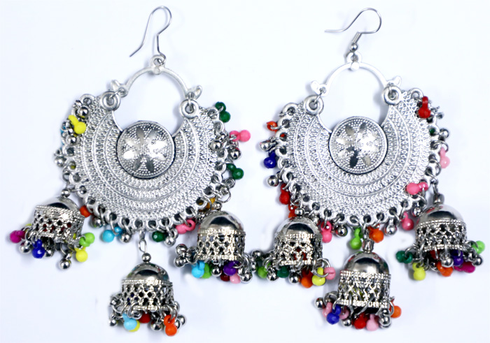 Long Drop Multicolor Silver Toned Earings, Colorful Dangle Earrings Silver Tone Festival Wear