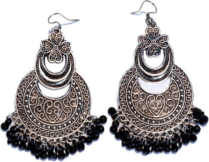 Silver tone with black beads womens earrings