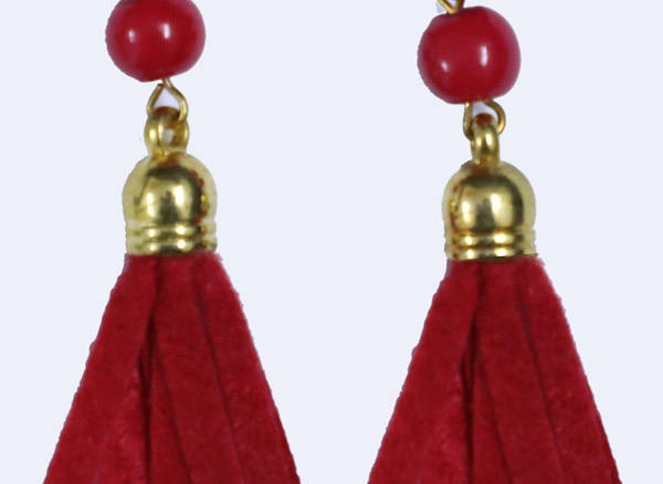 Gold Tone Danglers with Crimson Felt Tassels and Beads