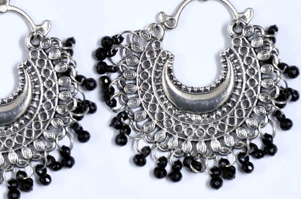 Classic Tribal Earrings with Black Beads in Silver Tone