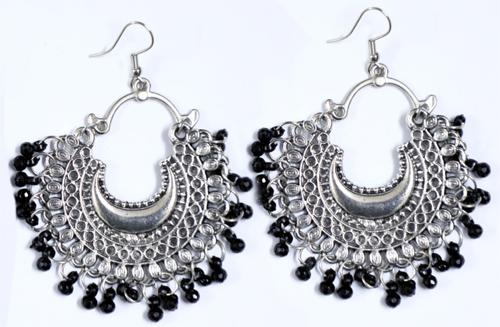 Dangle Silver Tone Ethnic Look Earrings with Beads, Classic Tribal Earrings with Black Beads in Silver Tone