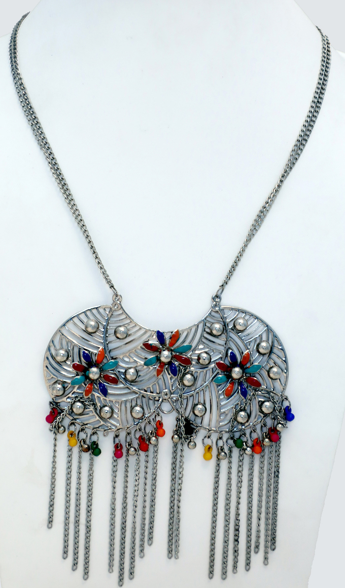 Multicolored Beads and Silver Tribal Necklace, Multicolored Enamel Work Engraved Long Chain Necklace