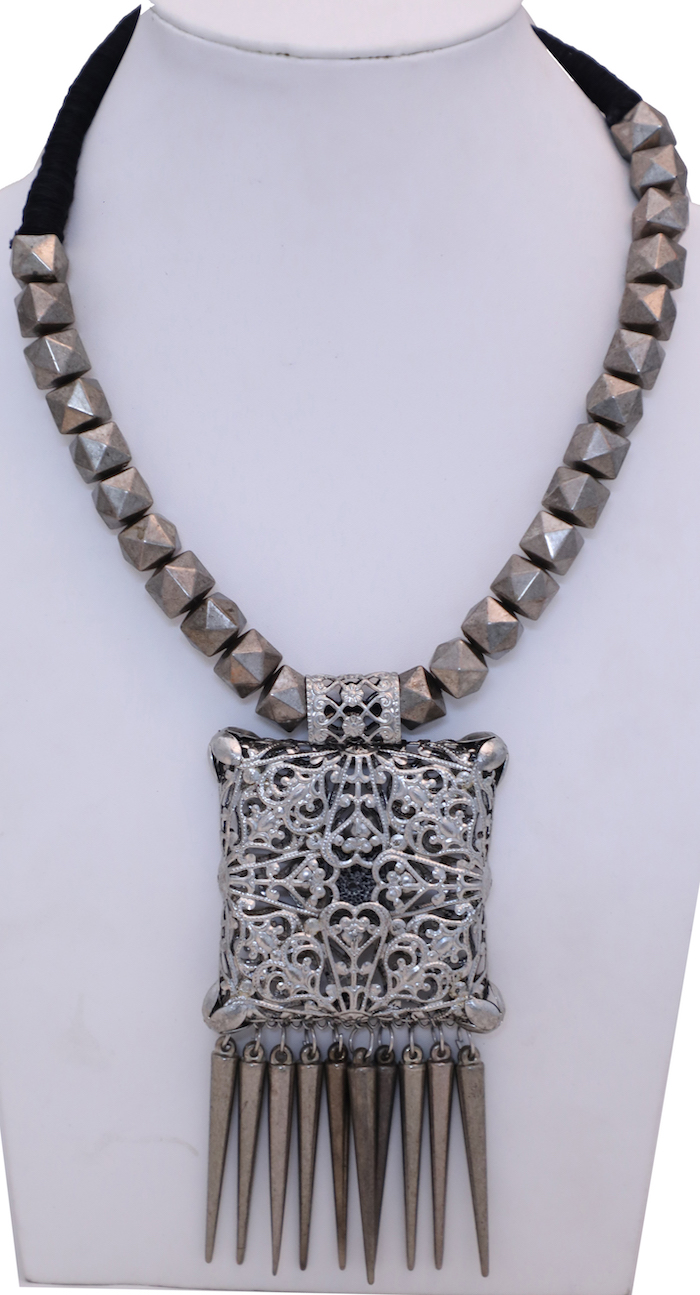 Beads and Silver Tribal Necklace, Silver Pendant Necklace with Metal Beads