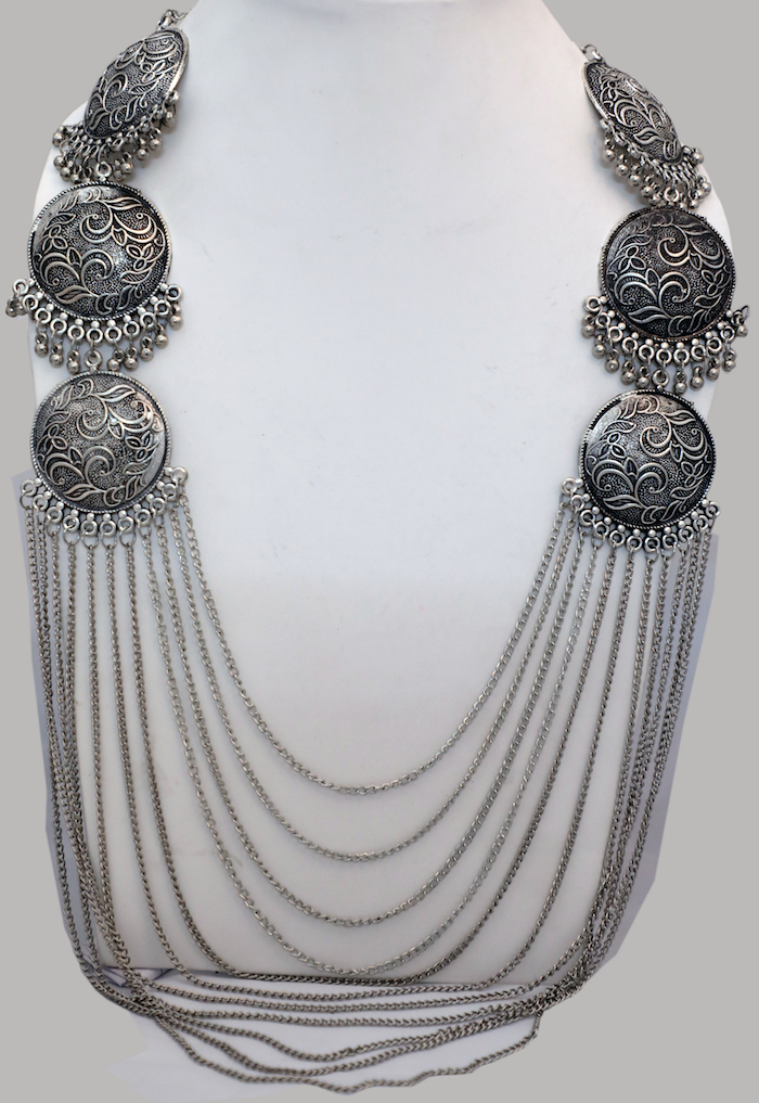 Boho Casual Necklace for Festivals, Ethnic Tribal Necklace with Oxidized Silver Medallions