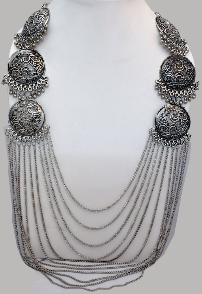 Roohani Pink Stone Silver Oxidised necklace – madhurya.com