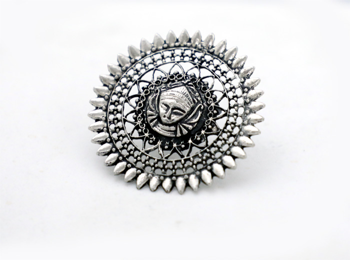 Oxidised Silver Indian Deity Adjustable Ring, Ancient Deity Embossed Tribal Finger Ring