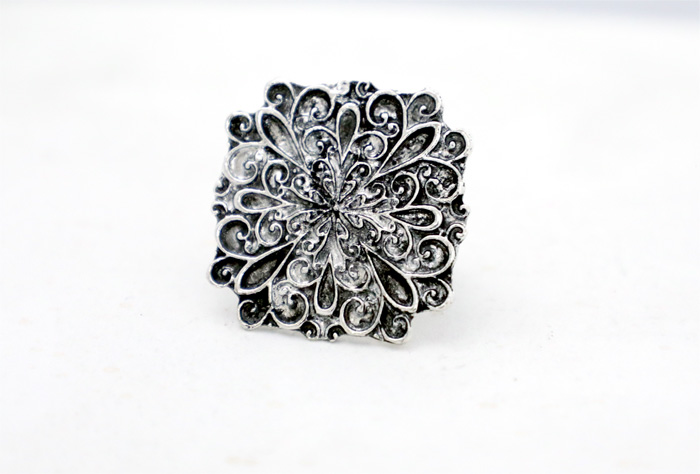Oxidised Silver Square Flower Adjustable Ring, Black Silver Floral Embossed Antique Finger Ring