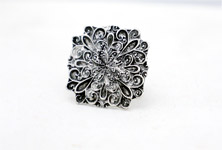Oxidised Silver Square Flower Adjustable Ring [7058]